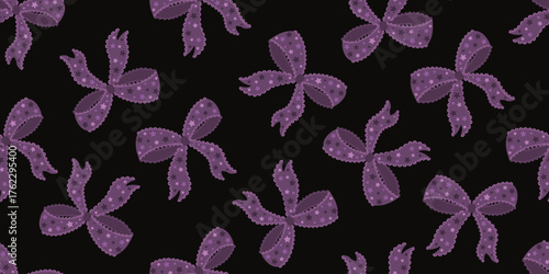 Coquette lace ribbon bow seamless pattern vector illustration. Cute repeated romantic vintage mystic ornament. Design for textile, fabric, wrapper, packaging, background.