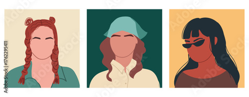 Abstract women portraits set. Faceless female characters. Person poster, head avatar, hand drawn vector illustration.
