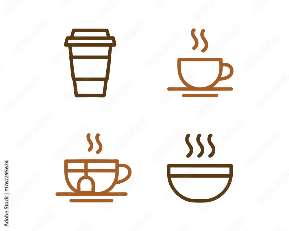 Obraz premium Set of coffee tea and hot beverage icons beverage container drinkware cup and bowl line art vector