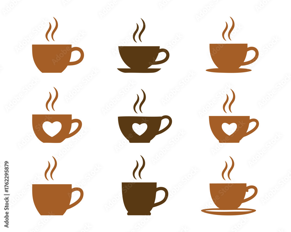 Obraz premium Collection of hot coffee cups with steam and heart designs various styles for beverage enjoyment vector