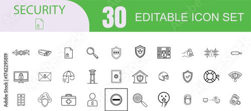 Collection of thirty editable line art icons representing security and protection concepts