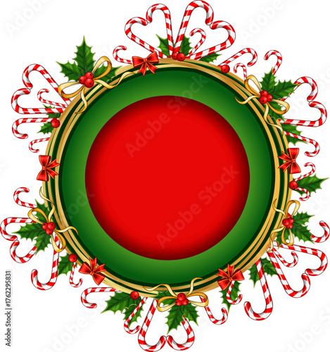 Festive Candy Cane & Holly Berry Christmas Frame with Gold Accents - Vibrant Vector Circular Wreath for Holiday Invites & Decor
