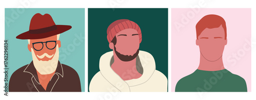 Abstract men portraits set. Faceless male characters. Person poster, head avatar, hand drawn vector illustration.