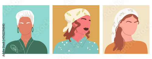 Abstract women portraits set. Faceless female characters. Person poster, head avatar, hand drawn vector illustration.