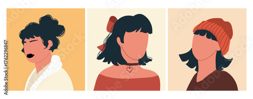 Abstract women portraits set. Faceless female characters. Person poster, head avatar, hand drawn vector illustration.