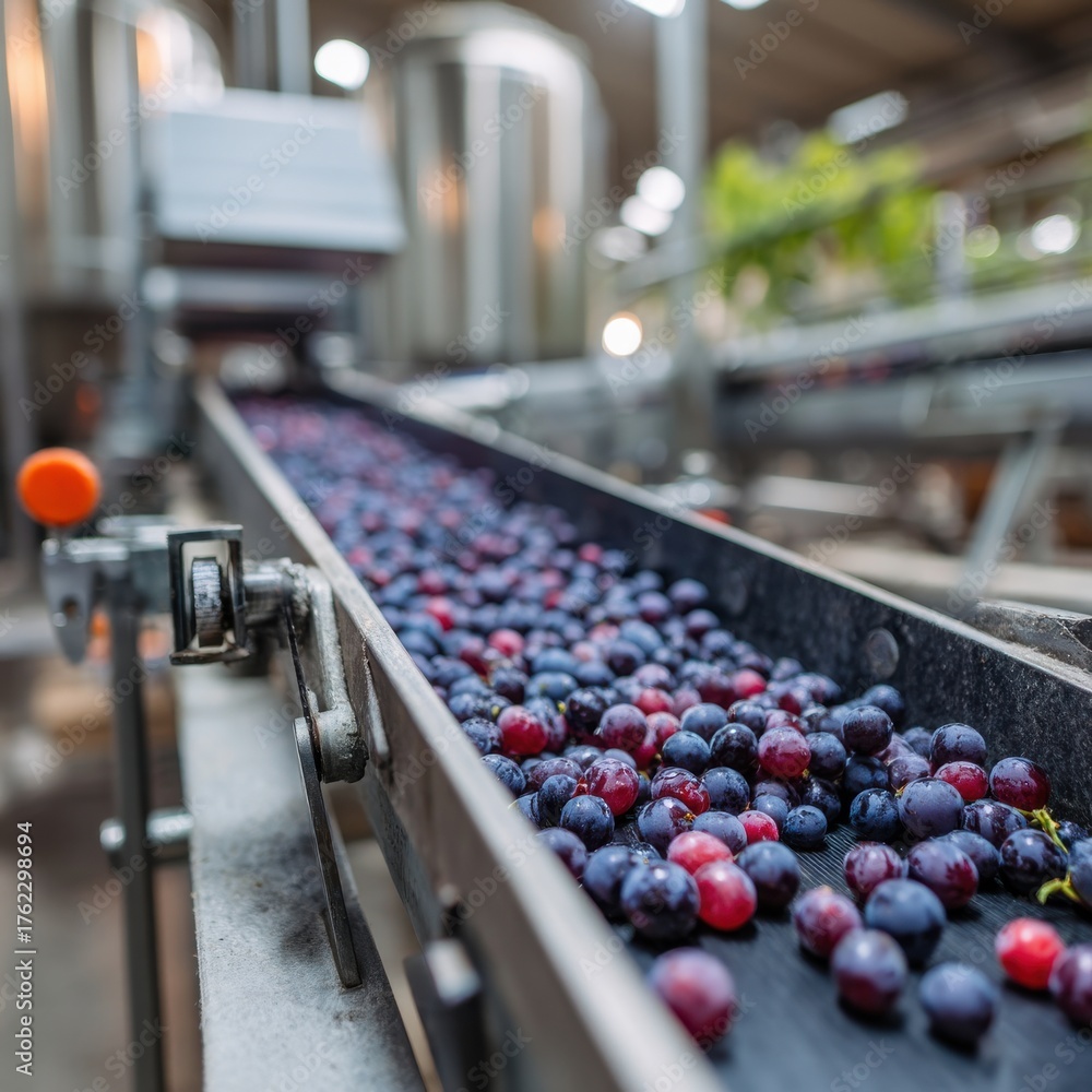 Fototapeta premium Conveyor belt transports fresh grapes during wine production at winery industrial setting close up angle