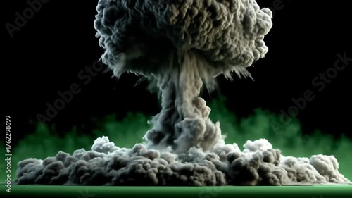 Mushroom cloud rising from a green surface with wisps against a dark background