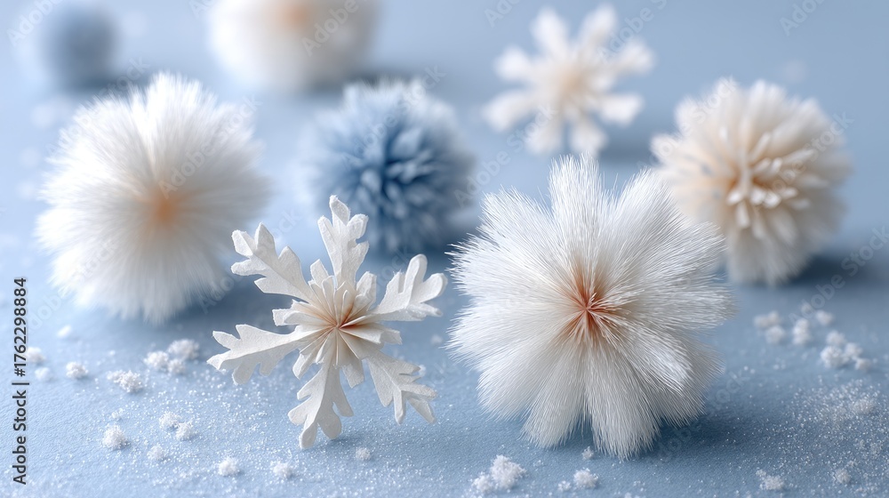 Obraz premium Delicate white blooms gently scatter across a light blue backdrop, evoking a sense of tranquility and calmness in the space