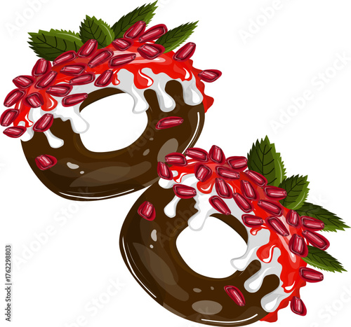 Vector illustration of two appetizing chocolate donuts (or the number "0" shapes), covered with white and red glaze, generously decorated with bright pomegranate seeds and fresh mint leaves. Excellent