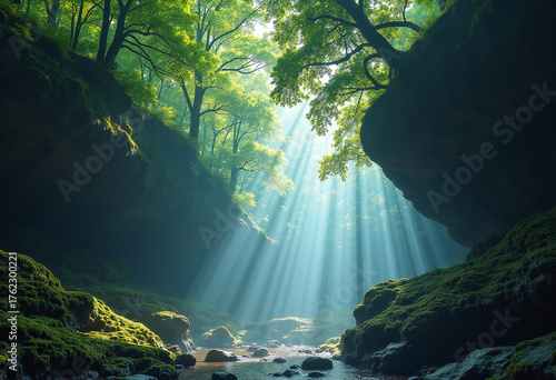 Luminous Forest Growing Upside-Down Beneath Floating Cliffs