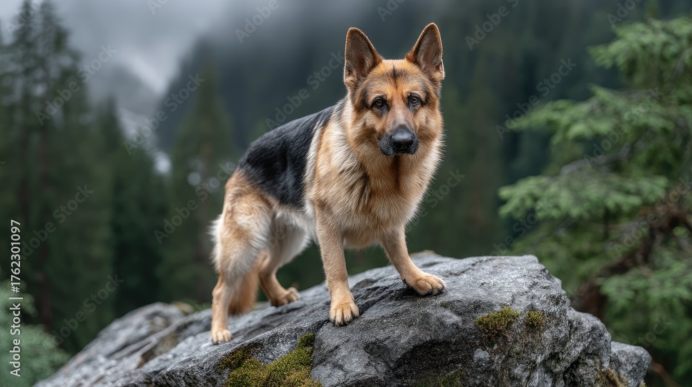 Naklejka premium A beautiful german shepherd is perched on a rock, surveying its surroundings in a vibrant green forest filled with trees