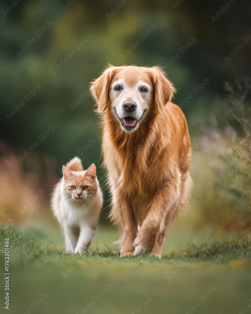 Obraz premium Golden Retriever and Cat Walking Together on Green Grass Front View Close Up Friendship Companionship Outdoors