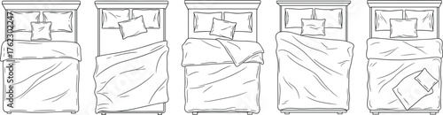 Top view bed illustration with pillows, blankets, headboards, sleep arrangement, cozy bedding, interior decor, and bedroom layout variations