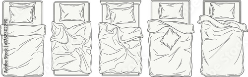 Top-down bed illustration with pillow and blanket variations, sleep habits, messy bedding, neat arrangement, interior design, and rest concept
