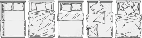 Top view bed illustration with pillows, blankets, sleep states, messy and neat bedding, rest habits, and interior decor concept