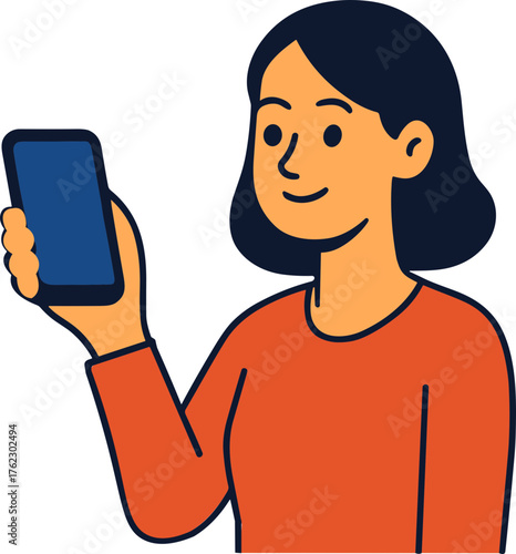 A smiling woman holding up a blank smartphone screen, representing mobile usage, communication, or online activity.