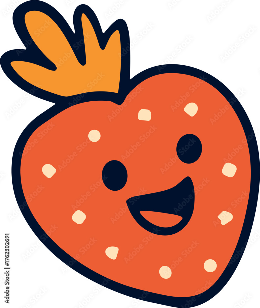 Obraz premium A cute flat-style illustration of a smiling strawberry with green leaves, symbolizing sweetness, freshness, and cheerful summer vibes.