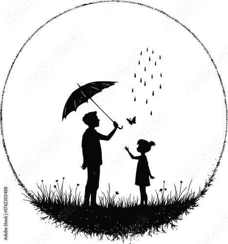 Children Under Umbrella Vector — Black and White Silhouette of Kids in Rain with Butterfly, Circle Frame, and Emotional Symbolism