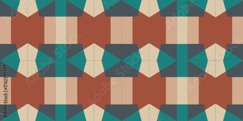 A geometric pattern featuring teal and gray shapes with tan and rust colored backgrounds repeating across frame