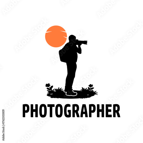 Landscape photographer with camera without tripod vector silhouette. Paparazzi shooting on the event illustration isolated. Photo reporter on duty.  Journalist work for breaking news