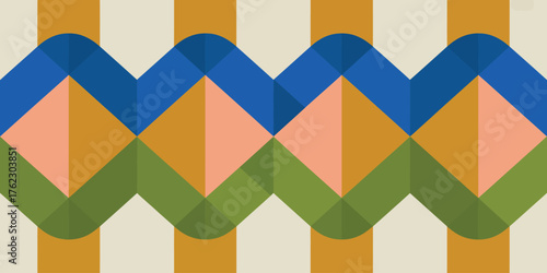 Abstract geometric pattern featuring blue green pink and gold colors in a zigzag repeating design