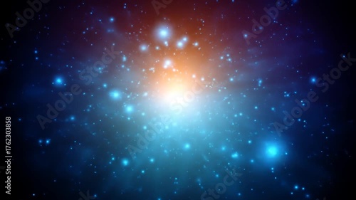 Radiant space with a central light source, stars sprinkled across blue and orange hues