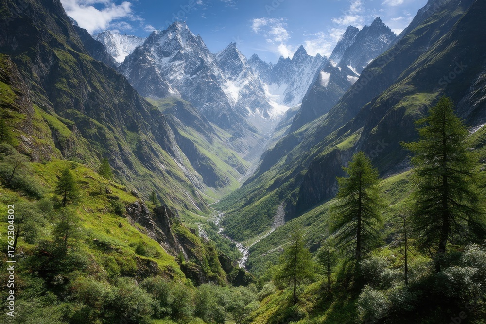 Fototapeta premium Scenic mountain valley landscape with snow capped peaks in the French Alps on a sunny day in summer from a high angle