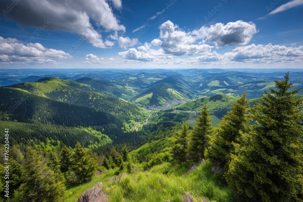 Fototapeta premium Scenic Vista of Black Forest Mountains and Valley Under Cloudy Sky from High Angle View in Germany
