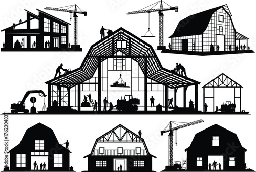 House construction process, building stages, workers, cranes, architecture silhouette, residential development, home framework, construction site, urban housing, black and white vector