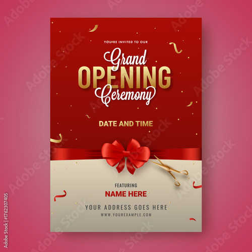 Grand Opening Event Flyer Template with Golden Lettering and Festive Ribbon Bow Tie, Elegant Celebration Invitation for New Business Launch and Anniversary Promotion, Red Background Design