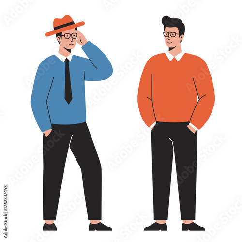 Two men wearing different outfits posing with casual expressions  