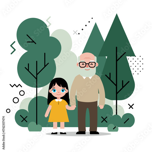 Grandfather and granddaughter standing together in a forest setting  