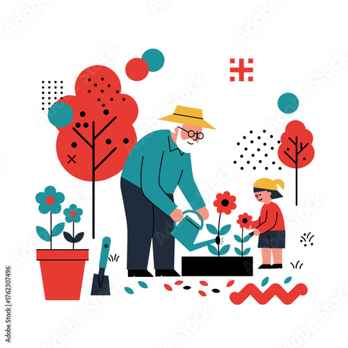 Grandfather watering flowers in garden with granddaughter beside him  