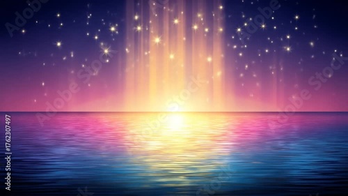 Horizon glows with shimmering lights over rippling waters, star-filled sky above