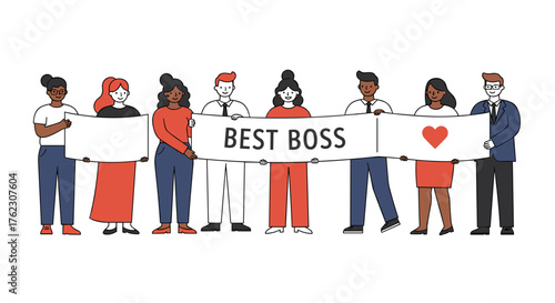 Group of diverse employees celebrating with banner for best boss  