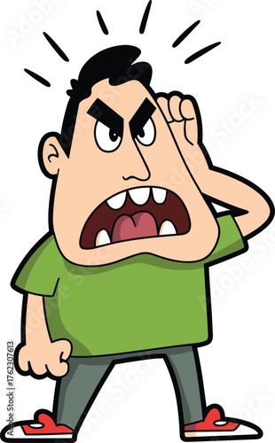 Furious Cartoon Man Grinding Teeth and Shouting in Anger, Frustrated Person with Steam Above Head, Rage and Strong Emotion Vector Comic Illustration.