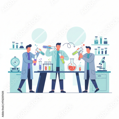 illustration of scientists working in a modern laboratory, mixing colorful chemicals in test tubes and flasks, symbolizing innovation and scientific research.