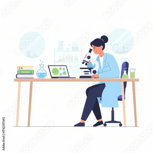 Flat 2D vector of scientists working together in a laboratory with test tubes and colorful chemicals, representing teamwork and scientific research.