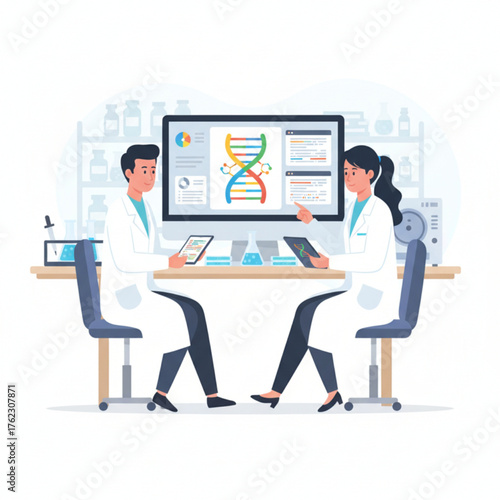 two scientists analyzing DNA data on a computer in a modern laboratory, representing genetic research and biotechnology innovation