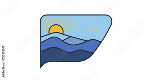 Minimalist sunrise over blue mountains emblem in flat design