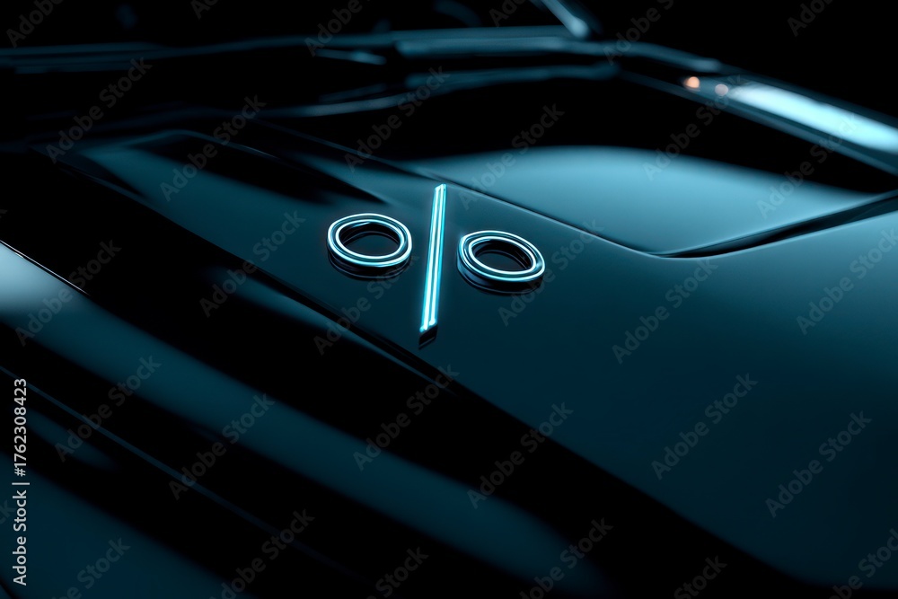 Naklejka premium Purple neon percent symbol on glossy car hood. Futuristic concept of finance, automotive pricing, tech luxury, cyber economy.