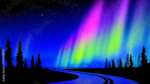 Aurora borealis lights the sky above a road and silhouetted trees at nighttime
