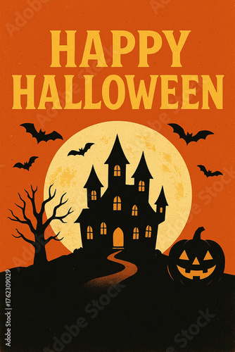 Happy Halloween: Spooky Haunted Mansion Poster With Full Moon, Bats, and Jack-O-Lantern