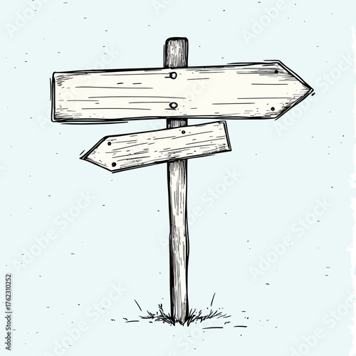 Hand drawn wooden directional signpost with two blank arrow boards pointing opposite ways on light background sketch illustration vector