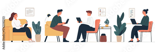 Diverse business people working collaboratively in modern office space using laptops and tablets with plants and minimalistic furniture in flat vector style