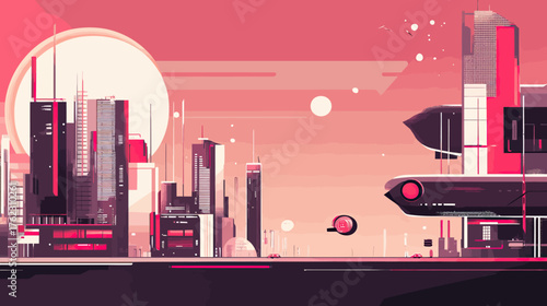 Futuristic cityscape with tall skyscrapers and advanced flying vehicles in minimalist flat vector style at sunset with large sun and pink sky background