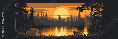 Camping scene with tent and campfire by forest lake during sunset golden hour in flat minimalist vector style outdoor nature landscape illustration