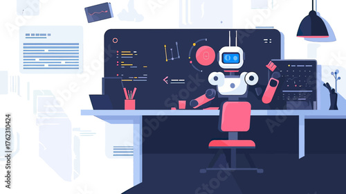 Minimalist flat vector illustration of robot programming software at modern workspace desk with computer screen code and digital tools in futuristic office environment