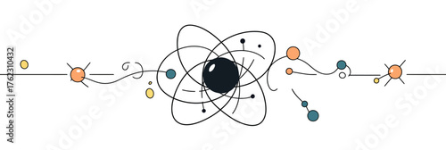 Minimalist single line vector illustration of atom with orbiting electrons and scattered colorful molecular shapes for science and education design