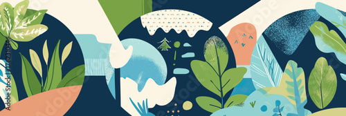 Abstract eco friendly nature and greenery concept with leaves plants water drops and environmental circles in flat minimalist style for Earth Day design background